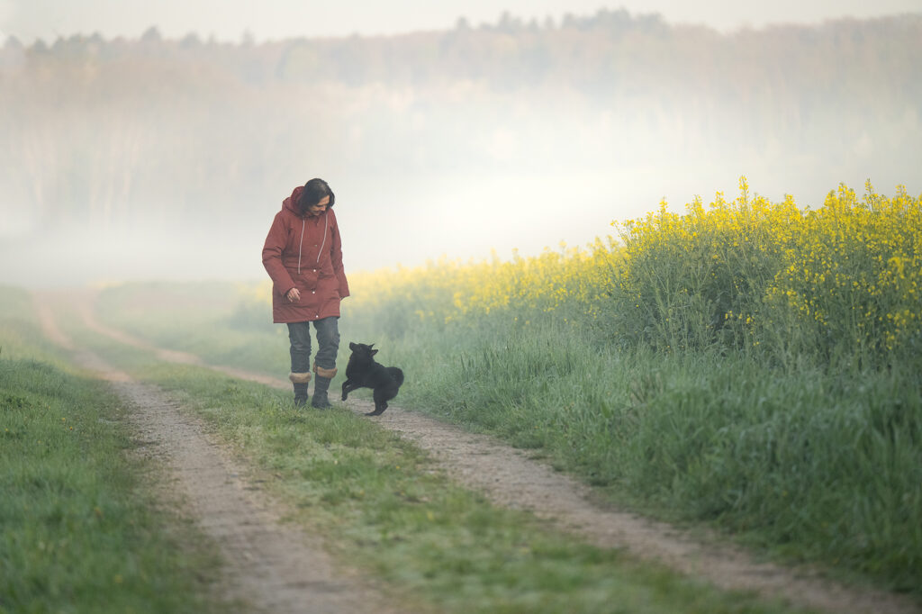 Frau und Hund spazieren im Morgennebel