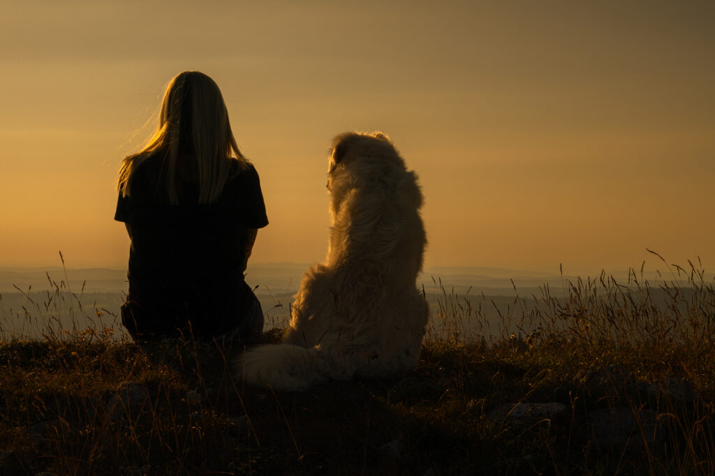 Frau und Hund schauen in die Landschaft
