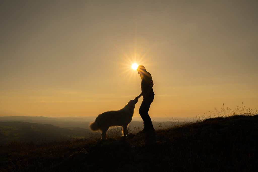 Frau gibt Hund ein Leckerli