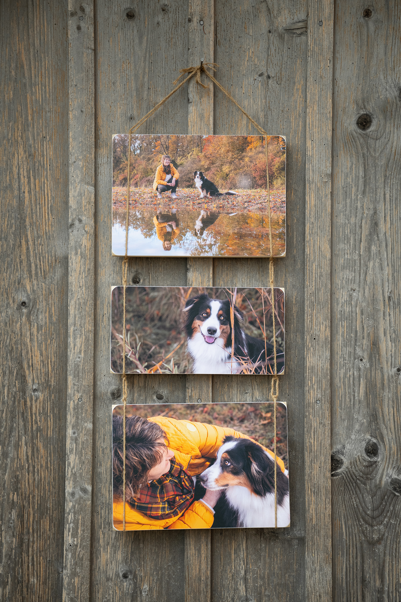 Drei Holzbilder an einer Schnur