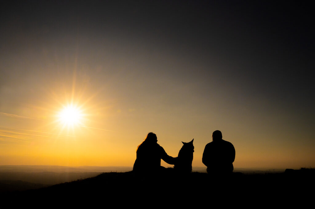 Paar sitzt mit Hund im Sonnenuntergang